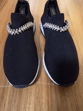 Jimmy Choo Black Slip-On Knit Sneakers with Crystal Rhinestone Strap